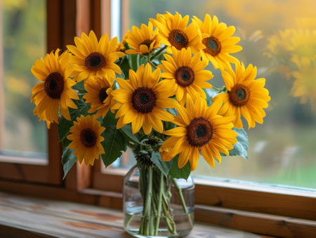 A bouquet of sunflowers in a vase on the windowsill. summer conceptの素材