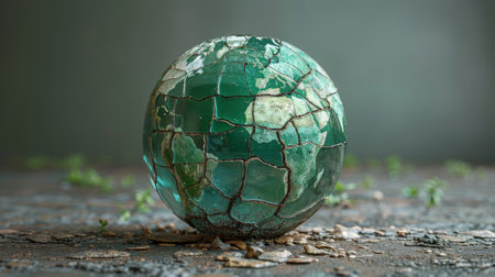 Earth depicted as a transparent glass globe, with cracks and imperfections symbolizing the planet's vulnerability to human actionsの素材