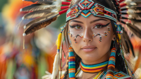Canada Day. A close-up shot of a traditional First Nations powwow, with dancers in colorful regalia performing ceremonial dances, honoring the rich indigenous heritage of Canada.の素材