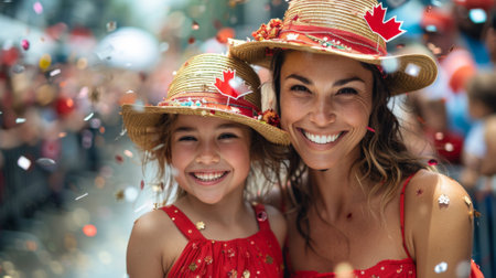 Canada Day. A mother and daughter wearing red dresses and straw hats with the Canadian flag on them smile for the camera while standing in front of a large crowd during a parade.の素材