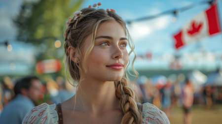 Canada Day. back view of woman at Canada Day festival, with Canadian flag in background, photo realistic,の素材