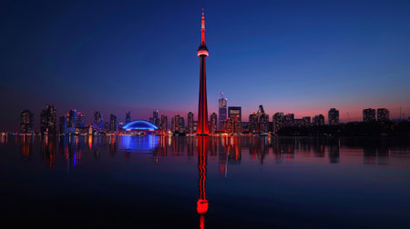 Canada Day. The CN Tower illuminated in red and white, its iconic silhouette standing tall against the backdrop of the Toronto skyline.の素材