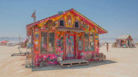 Burning Man Festival. Theme camps: Elaborately decorated and interactive theme camps serve as hubs for creativity, self-expression, and community-building, offering a diverse range of experiences.の素材