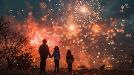 A family witnessing the spectacular fireworks display at the Cherry Blossom Festival in Japan, captivated by the beauty of the illuminated blossoms.の素材