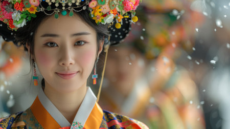 Chuseok Festival. Traditional Korean attire adorns many, adding a touch of elegance and cultural vibrancy to the festivitiesの素材