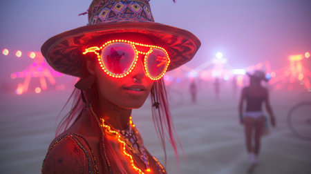 Burning Man Festival. woman in an unusual ethnic costume in the theme of the festival, glowing festival installationsの素材