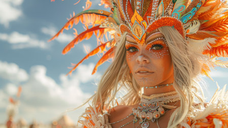 Burning Man Festival. woman in outrageous costumes at Burning Man installation, day time.の素材