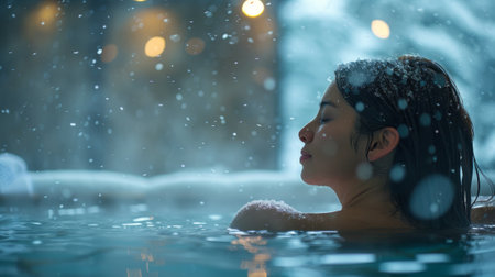 Japan. woman relax in onsen. The steam rising from the onsen pools mingles with the snowflakes falling from the sky, creating a mesmerizing spectacle of nature's contrasting elements.の素材
