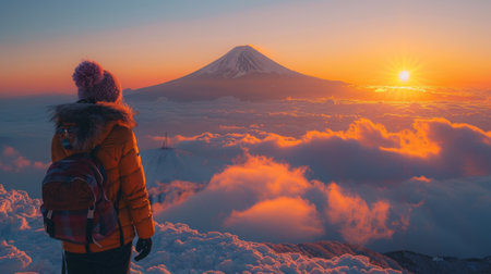 Golden Week Adventure in Japan. Woman look at the majestic Mount Fuji, the iconic symbol of Japan, and witness the breathtaking sunrise from the summit.の素材