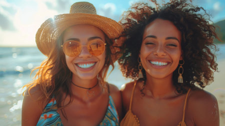 Friendship Day, a worldwide celebration of human connection. Two plus size women laughing happily on the beach, expressing love for yourself.の素材