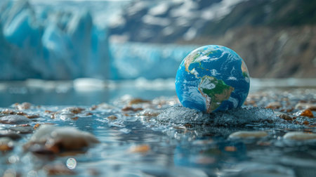 A small blue iced representing Earth embedded within a melting glacier, emphasizing the urgency of climate change and its impact on our planetの素材