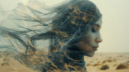 double exposure photography. arabic face in abaya shaped by buildings from Dubai, creative,の素材