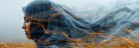 double exposure photography. arabic face in abaya shaped by buildings from Dubai, creative,の素材