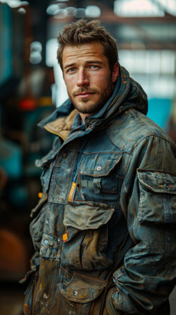 A male worker stands in a workshop against an industrial background. Realistic photography.の素材