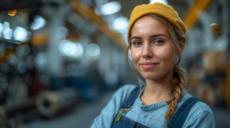 A woman worker in clean clothes stands against the backdrop of an industrial warehouse. Realistic photographyの素材