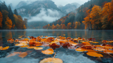 Autumn leaves float on the surface of the lake against the backdrop of forest and mountains.の素材