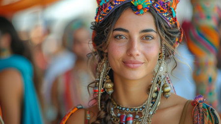 Timkadin Festival (Morocco). people on event, woman in an unusual ethnic costume in the theme of the festivalの素材