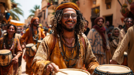 The rhythmic beats of traditional Berber music, known as Gnawa, fill the streets, accompanied by lively dancing and colorful displays of Berber attire and handicrafts.の素材