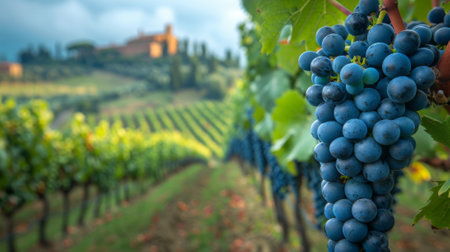 agritourism volunteering at a sustainable organic farm in Tuscany, Italy, harvesting grapes and learning traditional winemaking techniquesの素材