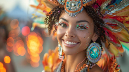 Burning Man Festival. woman in an unusual ethnic costume in the theme of the festival, glowing festival installationsの素材