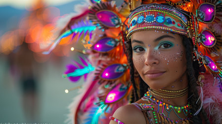 Burning Man Festival. woman in an unusual ethnic costume in the theme of the festival, glowing festival installationsの素材