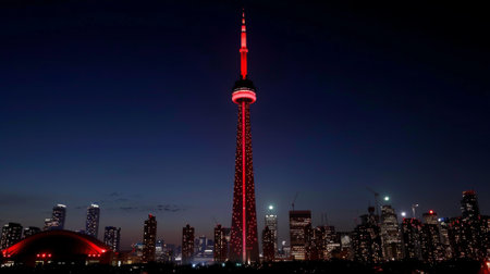 Canada Day. The CN Tower illuminated in red and white, its iconic silhouette standing tall against the backdrop of the Toronto skyline.の素材