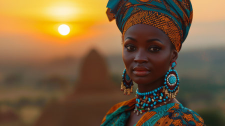 Black history month or Africa day. beautiful African woman with intricate headdress stands in front of golden sun, her skin glowing under warm orange light against backdrop of mountainsの素材