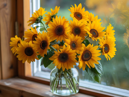 A bouquet of sunflowers in a vase on the windowsill. summer conceptの素材