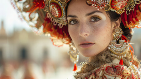 San Fermin Festival in Spain. Woman in fashion collection of traditional Spanish costume inspired by the colors, intricate patterns, and cultural symbolism of San Fermin Festivalの素材