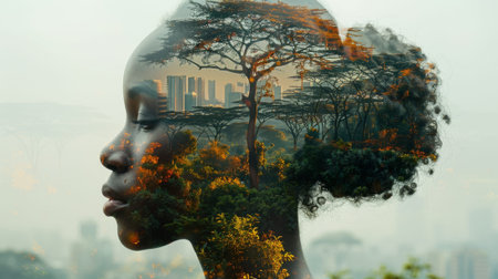 Juneteenth, a day for freedom. African faces, double exposure of Africa landscape with trees in the background,の素材