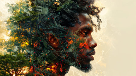 Juneteenth, a day for freedom. In its center is double exposure photography style of face of Black man with short hair, adorned with tribal marks on his cheek, illuminated by warm sunlight.の素材