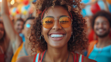 Friendship Day, a worldwide celebration of human connection. A scene of friends cheering each other on during a sporting event, their support and encouragement strengthening their bond.の素材