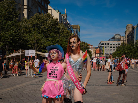 Prague, Czech Republic - August 12, 2023: Prague Pride Festival Parade. bright and happy parade visitors with rainbow and other LGBTQ attributesのeditorial素材