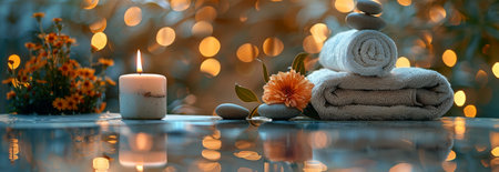 A pleasant white spa scene with stacked stones, a rolled towel and a burning candle on a marble table against a blurred background of a massage room. Space for text,の素材