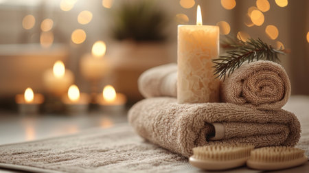 A pleasant white spa scene with stacked stones, a rolled towel and a burning candle on a marble table against a blurred background of a massage room. Space for text,の素材