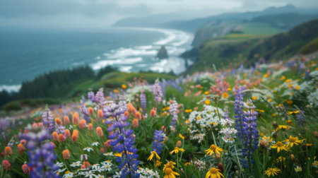 Wild flowers in the backdrop of the Oregon coast. cloudy dayの素材