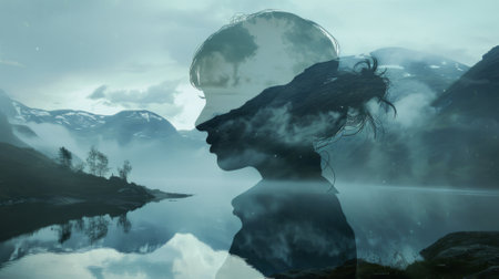 Double exposure: wide shot silhouette of a Scandinavian woman against the backdrop of the Norwegian fjords. photorealistic, sunset light.の素材