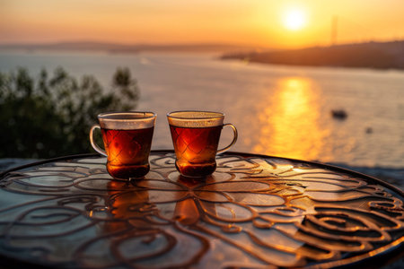 Close up of steaming cup of tea on vintage table - early morning breakfast. The tea is in the style of a traditional Turkish black tea against the backdrop of Istanbul. Soft backlight.の素材