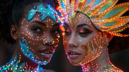 Burning Man Festival. women in fashion collection of outrageous costume inspired by the colors, intricate patterns, glowing and cultural symbolism of Burning Manの素材