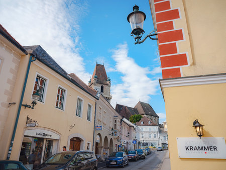 Perchtoldsdorf, Austria - JULY 22, 2023. Historical old city with Fortified Tower, built in 15th and 16th century. Town of Perchtoldsdorf, Moedling district, Lower Austria.のeditorial素材