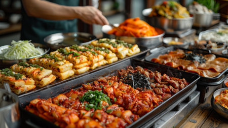 Chuseok Festival. The enticing aroma of freshly prepared Korean delicacies wafts through the air, whetting appetites and inviting culinary exploration.の素材