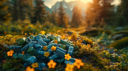 concept of ecological recycling. central focus on colorful recyclables (glass, paper, plastic) . In the background, depict a breathtaking landscapeの素材