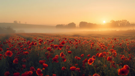 field of poppies at sunrise, beautiful summer landscape with red flowers in the meadow, vibrant background with morning sun rays and misty airの素材