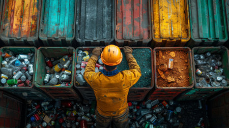 A photorealistic depiction of a person sorting recyclables at a recycling center, diverting waste from landfills and contributing to a circular economy.の素材