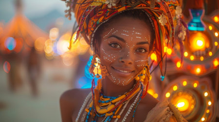 Burning Man Festival. woman in an unusual ethnic costume in the theme of the festival, glowing festival installationsの素材