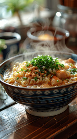 A bowl of steaming ramen stands on a table in a Japanese cafe .の素材