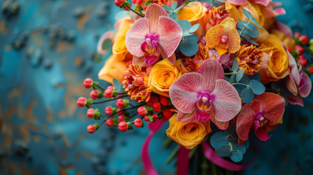 A vibrant bouquet of orchids and roses, decorated with colored ribbons. Holi celebration in a city . Happy Holi , Concept Indian color festival.の素材