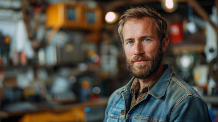 A male worker stands in a workshop against an industrial background. Realistic photography.の素材
