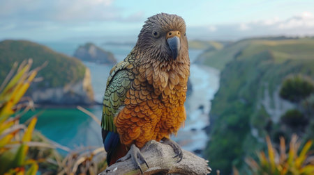 New Zealand Kea sits on a branch against the backdrop of New Zealand landscapes. Realistic photo.の素材