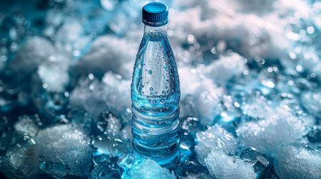 A bottle of water on ice, cold and fresh background, top view, high resolution photography, high details, high qualityの素材
